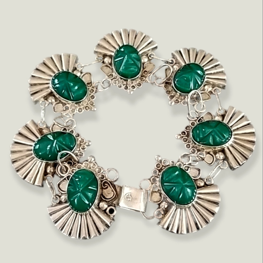 Vintage Mexico Southwestern Sterling Silver Green Onyx Bracelet